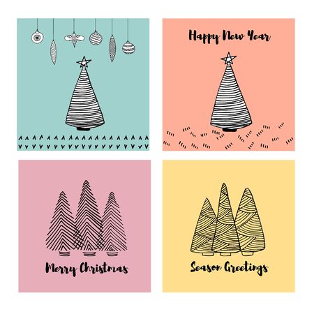 Merry Christmas cards set with doodle sketched fir trees. Line drawing. Hand drawn illustration. Vectorのイラスト素材
