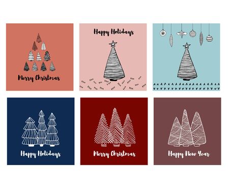 Merry Christmas Happy Holidays greeting cards set with doodle sketched fir trees. Line drawing. Hand drawn illustration. Vectorのイラスト素材