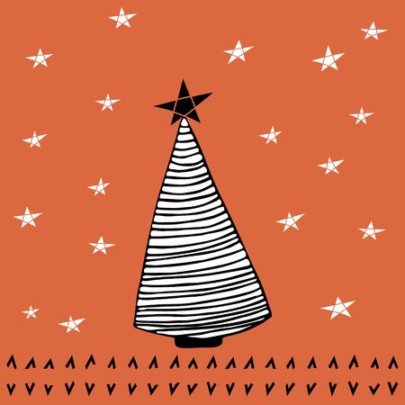 Cute Merry Christmas greeting card with Christmas tree and hand drawn stars. Line drawing. Vector illustration.のイラスト素材