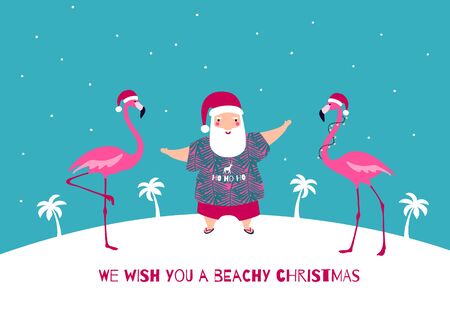 Santa Claus and Pink Flamingos greeting banner on tropical beach with palm tree silhouettes. Winter Holidays. Cute vector greeting card.のイラスト素材