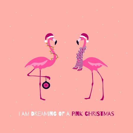 Pink Christmas Greeting card. Cute Christmas Flamingo Characters. Winter holidays quote. Vector illustrationのイラスト素材
