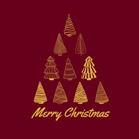 Cute Merry Christmas greeting card with Christmas trees set in for of tower of pyramide. Line drawing.のイラスト素材