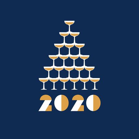 Champagne glass tower. 2020 Greeting card. Flat cartoon simple cool design.のイラスト素材