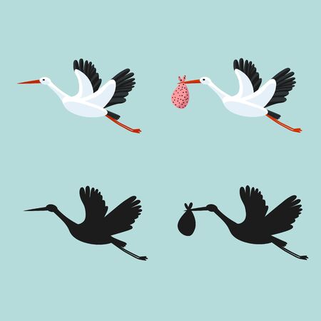 Stork set flying and carrying a bundle. Symbol for baby shower, news, delivery, pregnancy. Vector illustration.のイラスト素材