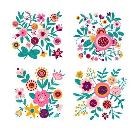 Set of floral bouquet of fantasy folk flowers. Botanical Illustration on white. Summer or spring motif for embroidery, greeting card, wedding decoration. Vectorのイラスト素材