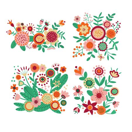 Set of floral bouquet of fantasy folk flowers. Botanical Illustration on white. Summer or spring motif for embroidery, greeting card, wedding decoration. Vectorのイラスト素材