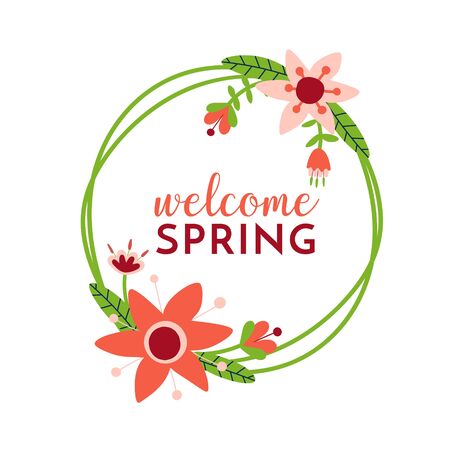 Hello spring quote background with cute flowers. Floral printable banner with text. Cartoon flat illustration. Vectorのイラスト素材