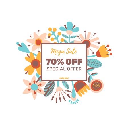 Sale banner with flowers. Floral sale background. Spring sale template poster. Discount flyer. Cartoon flat design. Vector illustration.のイラスト素材