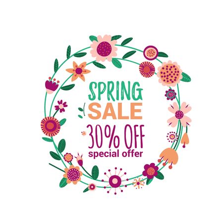 Sale banner with flowers. Floral sale background. Spring sale template poster. Discount flyer. Cartoon flat design. Vector illustration.のイラスト素材