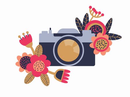 Camera vintage illustration. Decorated with flowers. Cute retro design. Doodle icon. Vector isolated.のイラスト素材