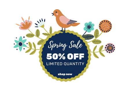 Sale banner with flowers. Floral sale background. Spring sale template poster. Discount flyer. Cartoon flat design. Vector illustration.のイラスト素材