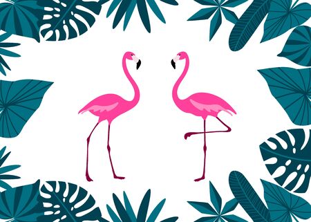 Pink Flamingo Couple with tropical leaves border. Cute exotic birds. Cartoon flat design. Vector.のイラスト素材
