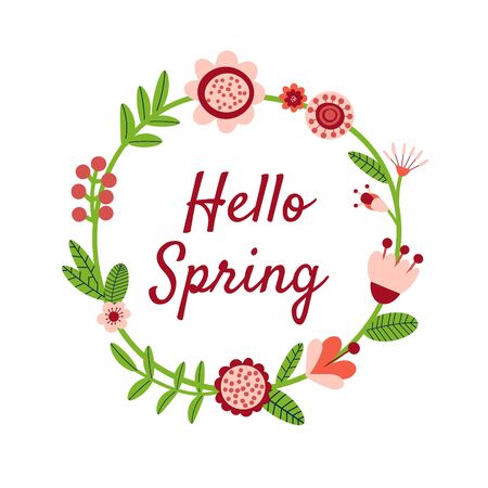 Hello spring quote background with cute flowers. Floral printable banner with text. Cartoon flat illustration. Vectorのイラスト素材