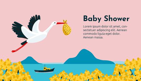 Baby shower invitation with stork flying and carrying a bundle. Symbol for pregnancy, delivery, news. Cute colorful vector illustration.のイラスト素材