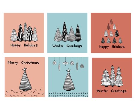 Merry Christmas Happy Holidays greeting cards set with doodle sketched fir trees. Line drawing. Hand drawn illustration. Vectorのイラスト素材
