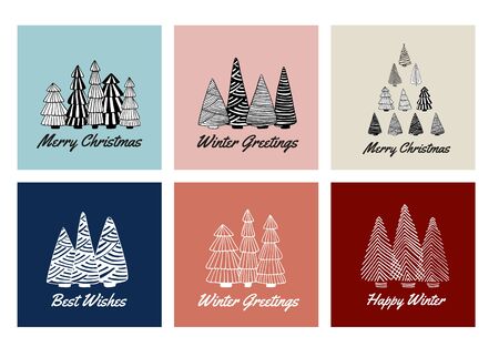 Merry Christmas cards set with doodle sketched fir trees. Line drawing. Hand drawn illustration. Vectorのイラスト素材