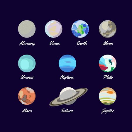 Planets of solar system. Mars. Earth. Neptune. Uranus. Saturn. Venus. Mercury. Pluto. Jupiter. Moon. Planet icon set. Cartoon flat drawing. Vectorのイラスト素材