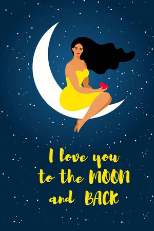 Love card. Beautiful girl character with long hair sitting on the crescent moon. Great as greeting for Valentines Day, Wedding, Anniversary. Vector flat cartoonのイラスト素材