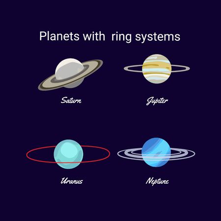 Planets with ring. Saturn, Jupiter, Venus and Neptune. Solar system objects. Planet icon set. Vector illustration in flat cartoon style.のイラスト素材