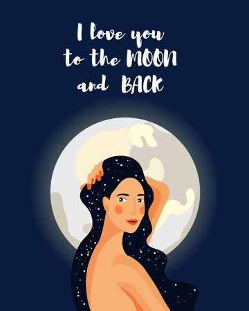 Love card. To the moon and back poster. Beautiful girl with starry hair on the background of full moon. Perfect for Valentines Day, Wedding. Vector illustration.のイラスト素材