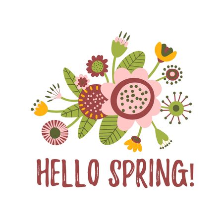 Hello spring quote background with cute flowers. Floral printable banner with text. Cartoon flat illustration. Vectorのイラスト素材