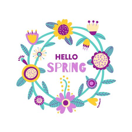 Hello spring quote background with cute flowers. Floral printable banner with text. Cartoon flat illustration. Vectorのイラスト素材