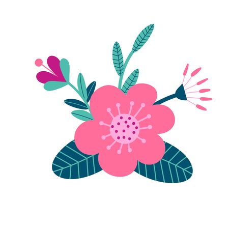 Floral bouquet of hand drawn fantasy folk flowers. Botanical illustration in flat cartoon style. Great as banner, print and card. Vectorのイラスト素材