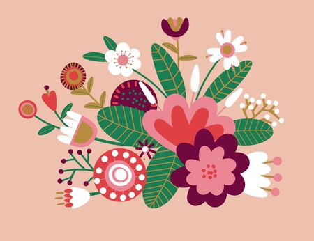 Floral bouquet of hand drawn fantasy folk flowers. Botanical illustration in flat cartoon style. Great as banner, print and card.のイラスト素材