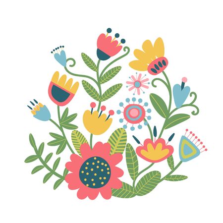 Floral bouquet of hand drawn fantasy folk flowers. Botanical illustration in flat cartoon style. Great as banner, print and card. Vectorのイラスト素材