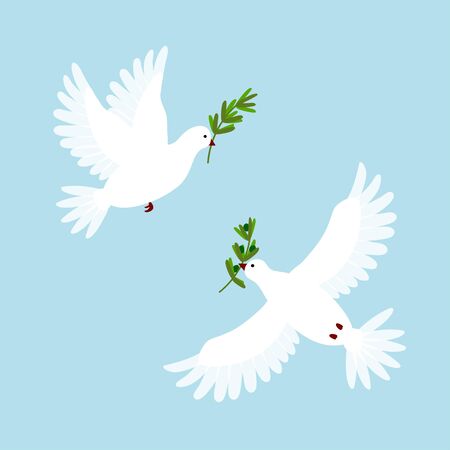 White pigeons with olive branch. Doves flying and holding a holly message. Symbol for peace, love, faith. Vector illustration.のイラスト素材