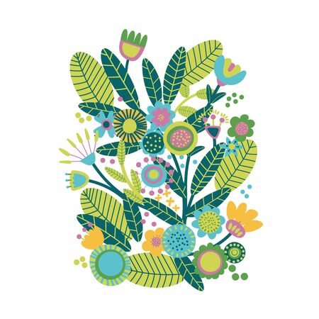 Floral bouquet of hand drawn fantasy folk flowers. Botanical illustration in flat cartoon style. Great as banner, print and card. Vectorのイラスト素材