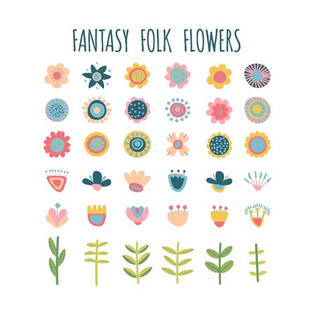 Floral elements set. Flower head, petals, leaves and branches. Fantasy folk hand drawn design elements. Colorful flat cartoon vector illustration.のイラスト素材