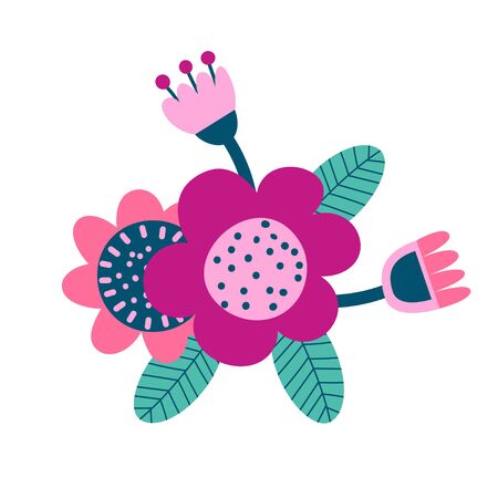 Floral bouquet of hand drawn fantasy folk flowers. Botanical illustration in flat cartoon style. Great as banner, print and card. Vectorのイラスト素材