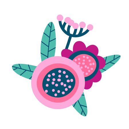 Floral bouquet of hand drawn fantasy folk flowers. Botanical illustration in flat cartoon style. Great as banner, print and card. Vectorのイラスト素材