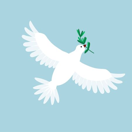 White pigeon with olive branch. Dove flying and holding a holly message. Symbol for peace, love, faith. Vector illustration.のイラスト素材