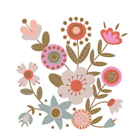 Floral bouquet of hand drawn fantasy folk flowers. Botanical illustration in flat cartoon style. Great as banner, print and card. Vectorのイラスト素材