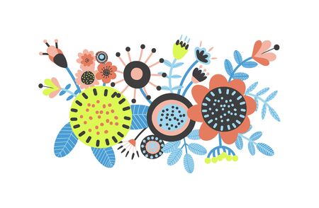 Floral bouquet of hand drawn fantasy folk flowers. Botanical illustration in flat cartoon style. Great as banner, print and card.のイラスト素材