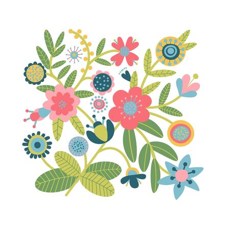 Floral bouquet of hand drawn fantasy folk flowers. Botanical illustration in flat cartoon style. Great as banner, print and card. Vectorのイラスト素材