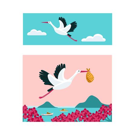 White stork banner set. Bird flying among clouds in the sky. Stork carrying a bundle.のイラスト素材