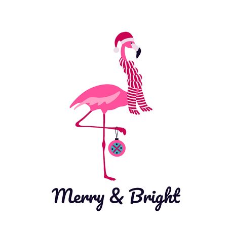Pink flamingo Christmas and happy New Year greeting card. Flamingo bird holding Christmas decoration bauble. Merry and Bright.のイラスト素材