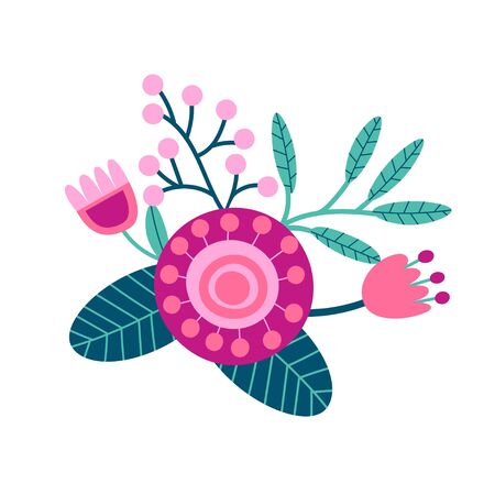 Floral bouquet of hand drawn fantasy folk flowers. Botanical illustration in flat cartoon style. Great as banner, print and card. Vectorのイラスト素材