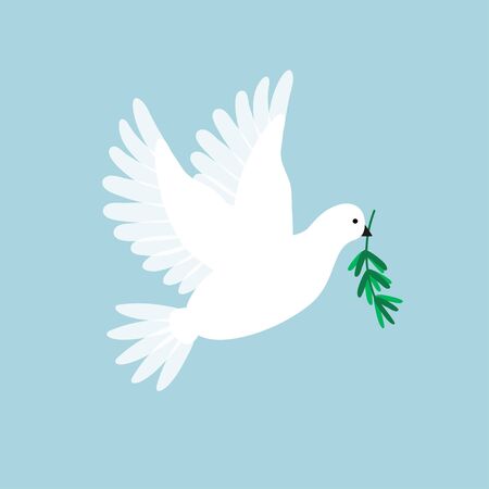 White pigeon with olive branch. Dove flying and holding a holly message. Symbol for peace, love, faith. Vector illustration.のイラスト素材