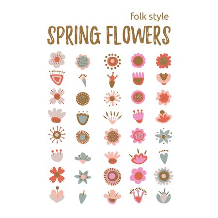 Floral elements set. Flower head, petals. Fantasy folk hand drawn design elements. Colorful flat cartoon vectorのイラスト素材