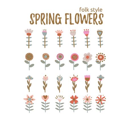 Floral elements set. Flower head, petals, leaves and branches. Fantasy folk hand drawn design elements. Colorful flat cartoon vectorのイラスト素材