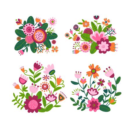 Set of floral bouquet of fantasy folk flowers. Botanical Illustration on white. Summer or spring motif for embroidery, greeting card, wedding decoration.のイラスト素材
