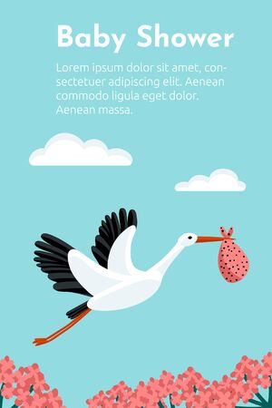 Baby shower invitation with stork flying and carrying a bundle.のイラスト素材