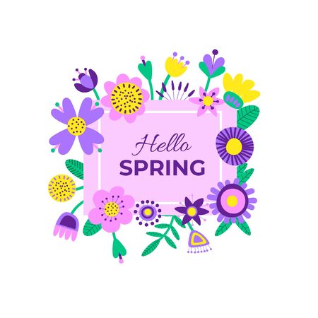 Hello spring quote background with cute flowers. Floral printable banner with text. Cartoon flat illustration.のイラスト素材