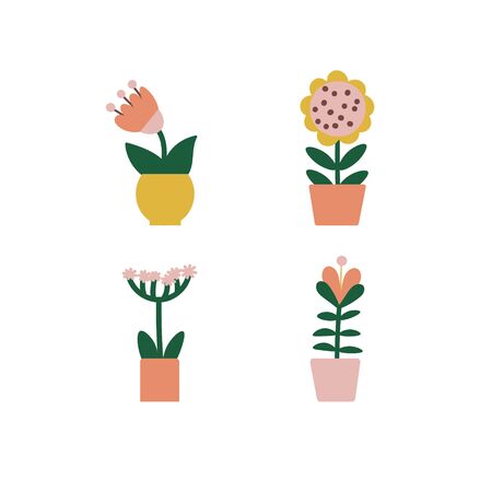 Flowers in pots. Green natural decor for home, office and interior. Vectorのイラスト素材