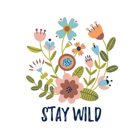 Quote background with cute flowers. Floral printable banner with text. Cartoon flat illustration.のイラスト素材