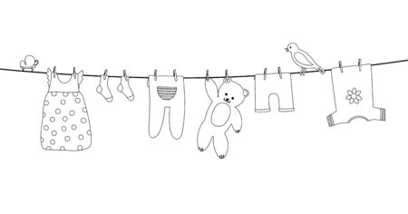 Baby clothes on clothesline. Kid apparel after washing hanging on a rope. Laundry for newborn, girl or boy. Vector outlineのイラスト素材